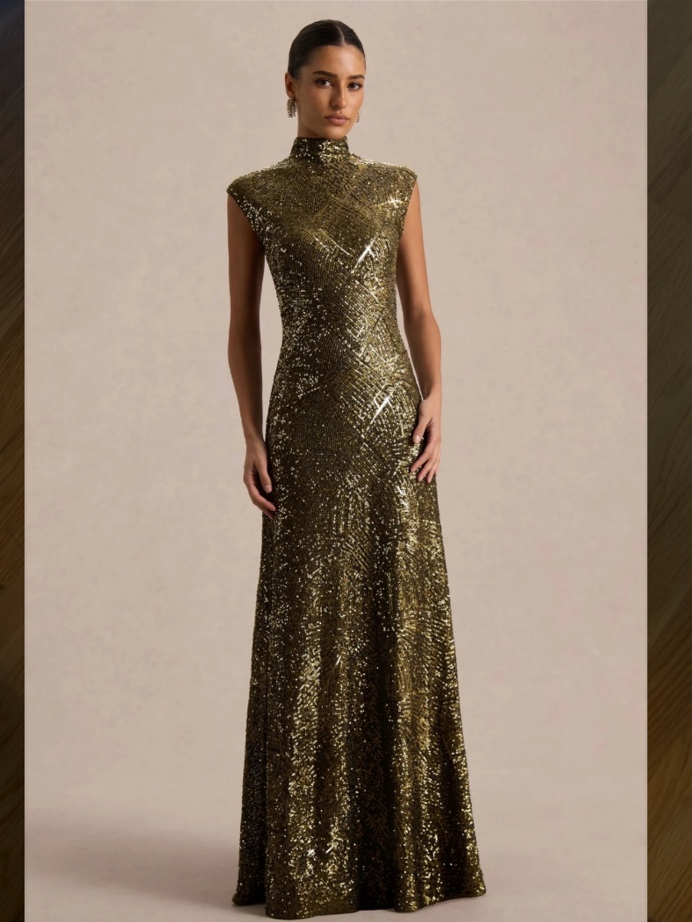 Club L London Cecy Khaki Sequin High-Neck Maxi Cap Sleeves Evening Gown